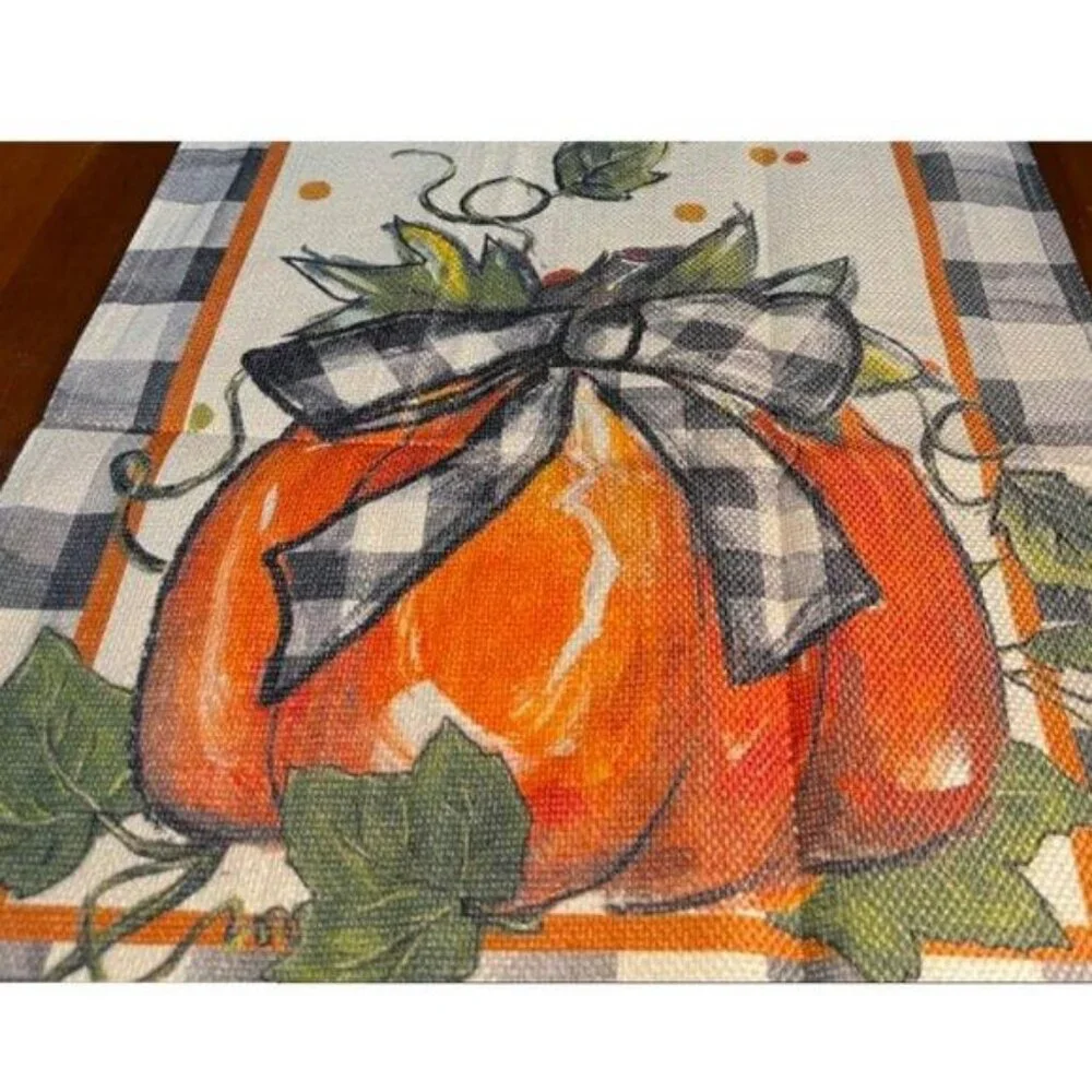 Pumpkin Table Runner Plaid Decorative Cloth Fall Thanksgiving Decor Orange 13x36